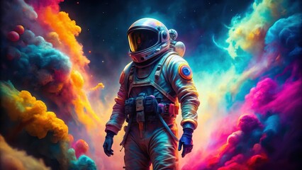 A stylized astronaut figure with vibrant