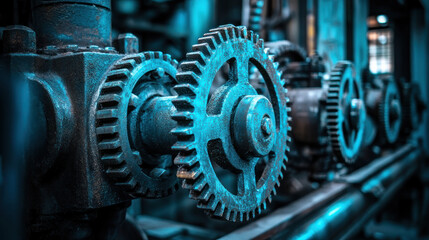 Fototapeta premium Close up of industrial gears in factory setting, showcasing intricate machinery and engineering. metallic components are highlighted in blue tone, emphasizing their robust design