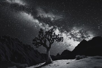 Lone Joshua tree silhouetted against a breathtaking Milky Way backdrop, under a starlit night sky.