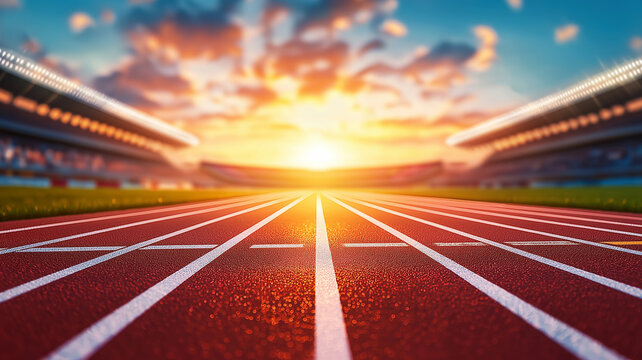 vibrant racing track with white lines on red surface, illuminated by stunning sunset. scene captures essence of athleticism and competition, inviting runners to take their mark
