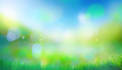 Obraz premium soft focus spring meadow with single white daffodil, vibrant green grass, blurred blue sky, bokeh light effect, nature backdrop