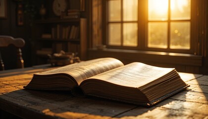 Sunlit open book cozy room photograph warm atmosphere close-up knowledge exploration