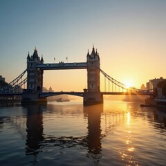 Obraz premium Foggy London morning with Tower Bridge and River Thames under golden sunrise, waterway, morning, golden light