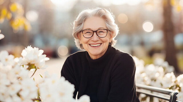 smiling senior woman sitting on bench surrounded by blooming flowers, enjoying sunny day. Her joyful expression radiates warmth and happiness in serene outdoor setting