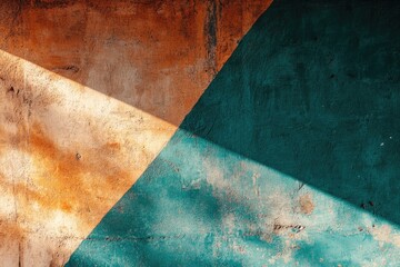 Textured wall with two-toned paint, diagonally divided, illuminated by sunlight.