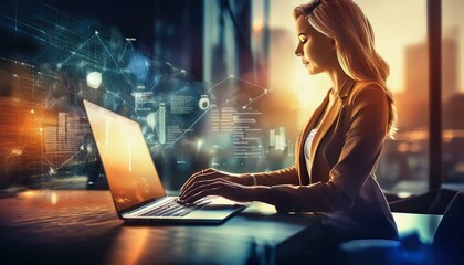 Financial Business Analytics Data Dashboard. Analyst Woman, Businesswoman using laptop with icon on virtual screen, business concept, modern office High quality image