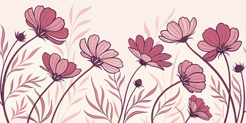 Design a watercolor cosmos flower pattern with deep pinks and gentle petal textures.