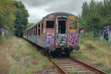 Fototapeta premium A rusting train carriage, adorned with colorful graffiti, sits forlornly on overgrown tracks surrounded by greenery under a gloomy sky, showcasing urban decay.