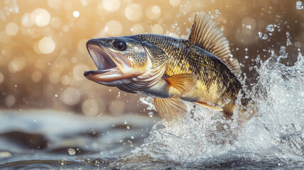walleye fish leaps energetically from water, creating splash against bokeh background. detailed scales and fins are highlighted by sunlight, showcasing fish dynamic movement