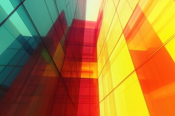 Obraz premium Abstract architectural image featuring vibrant red, yellow, and teal glass panels creating a modern, dynamic design.