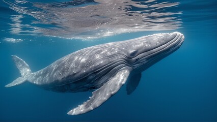 Whale swimming underwater, with gentle ripples and clear blue water.