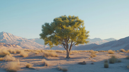Naklejka premium A lone green tree stands in the desert