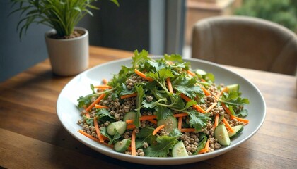 Salad Plate on Wooden Table with Plant