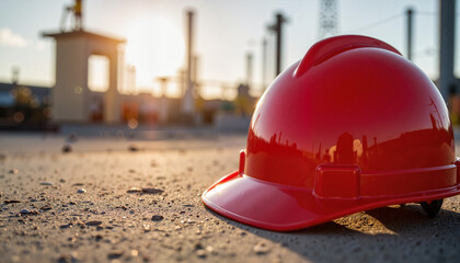 Red safety helmet on construction site at sunset.