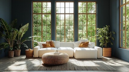 Fototapeta premium Modern living room with large windows overlooking nature. Relaxing interior design. Possible use Interior design, home decor