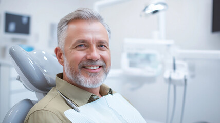 Fototapeta premium middle aged man with grey hair smiles confidently in dental clinic. bright, modern environment reflects sense of comfort and professionalism, making dental visits feel welcoming