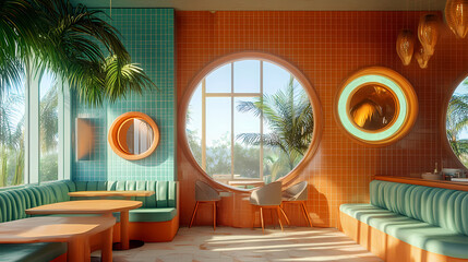 Modern Restaurant Interior: A stylish and inviting modern restaurant interior with a unique design, featuring vibrant orange and teal colors, natural light, and a tropical aesthetic.