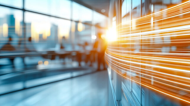 modern office interior with blurred lines of light, showcasing vibrant sunset. scene captures dynamic atmosphere, emphasizing innovation and collaboration
