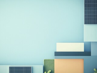 Calm pastel geometric shapes subtly arranged against a serene light blue wall. AI Generated