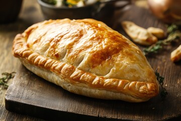 Golden Cornish Pasty with a crimped edge, showcasing its flaky crust and traditional British cuisine.