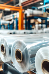 Clear plastic film rolls in a warehouse, production of transparent plastic sheets for packaging and product display at the factory plant
