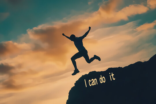 Conquering Challenges: A silhouette of an individual leaps across a chasm against a dramatic sunset sky, embodying determination and the spirit of "I can do it".