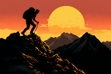 Fototapeta premium Silhouette of a Hiker and Scenic Sunset: Capturing the silhouette of a determined hiker conquering the mountain, against the backdrop of a beautiful sunset and mountain range.