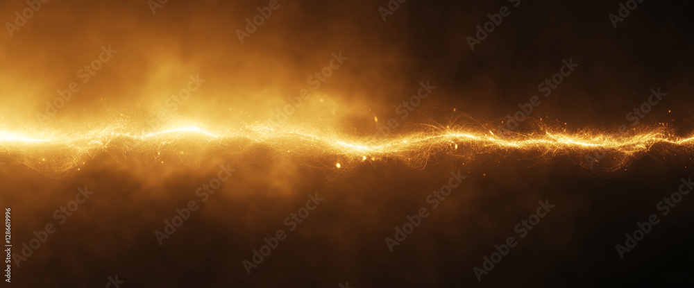 Poster close-up of a glowing golden lightning strike in a dark background, representing energy, power, and 