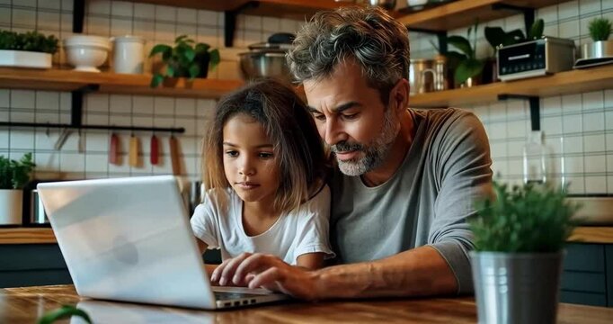 A heartwarming scene of a father helping his young daughter with homework in a cozy kitchen setting
