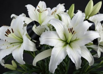 White lilies with a black ribbon as a symbol of sympathy, expression of condolences, sorrowful occasion, funeral arrangement, grief support, loss of loved one