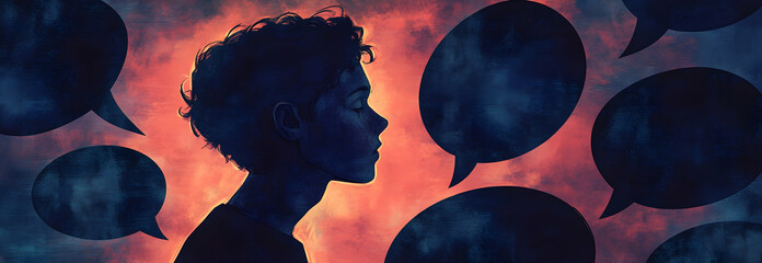 Close-up illustration of a bullied individual, shadowed by negative speech bubbles filled with harsh words