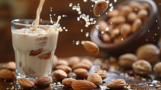 Pouring Almond Milk with Whole Nuts in Glass