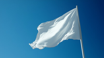 White flag waving against a bright blue sky, symbolizing peace, surrender, hope, and the concept of diplomacy and negotiation in global affairs.