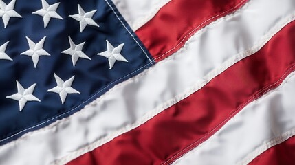 Extreme close up of American flag highlighting its vibrant colors and intricate stitching details under natural light conditions