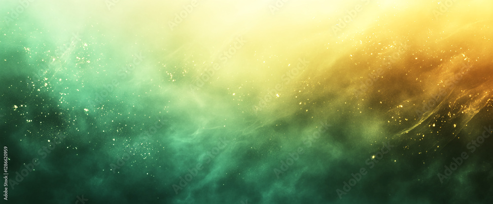Poster abstract golden and green glowing particles suspended in the air, creating a dreamy, magical atmosph