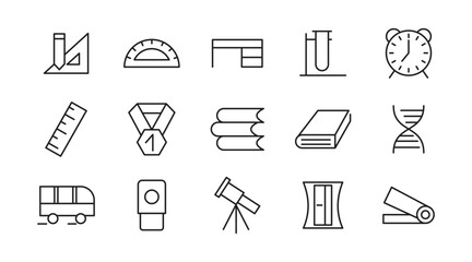 Learning and Stationery line icon set. Including books, students, graduation, drawing, school, knowledge, learning, supplies, and science line icon collection. UI thin line icon pack.