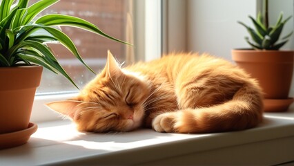 A cozy orange cat sleeps peacefully on a windowsill, bathed in warm sunlight from a potted plant.