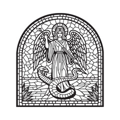 Obraz premium Angel Defeating Serpent in Mosaic Outline, Symbol of Good Over Evil