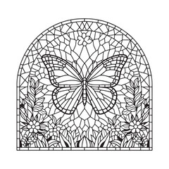 Obraz premium Butterfly Mosaic in Arched Window, A Minimalist Stained Glass De