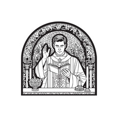 Fototapeta premium Catholic Priest Delivering Blessing in Mosaic Style Arc Window Illustration