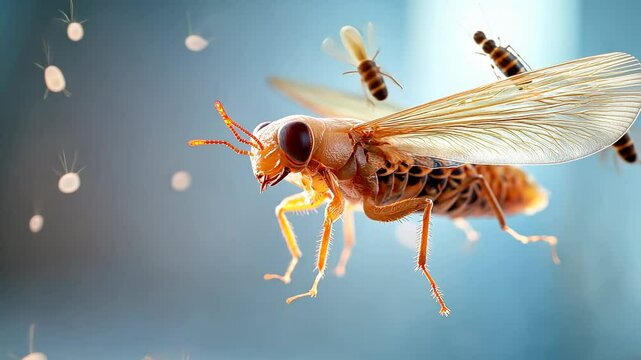 Close-up of a vibrant insect in mid-flight, surrounded by soft bokeh and floating particles
