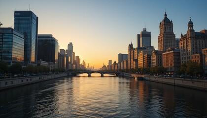 Obraz premium Sunrise over huangpu river shanghai cityscape urban aerial gigapixel cgi