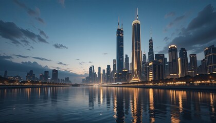 Fototapeta premium Evening skyline reflection shanghai cityscape urban aerial modern architecture