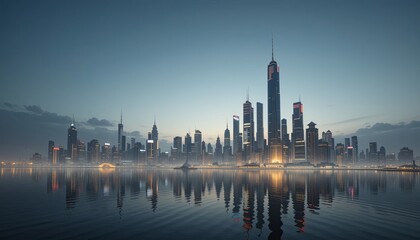 Fototapeta premium Dusk urban skyline city reflections digital artwork serene water aerial view futuristic concept