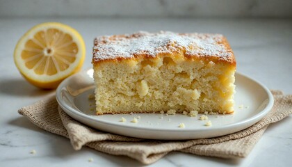 Lemon cake slice on plate with cut piece removed