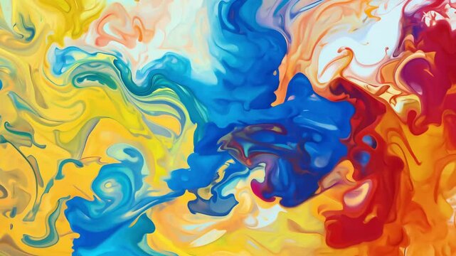 Abstract swirling ink in water with bright yellow, orange, and blue hues blending seamlessly, creating a dynamic and fluid artistic composition.  
