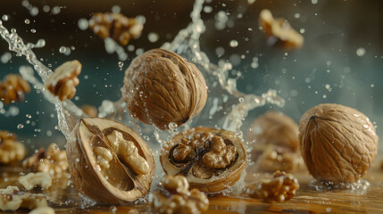 Halved walnuts splashing in flowing water
