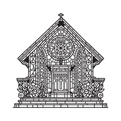 Elegant Mosaic Church Facade with Pulpit and Arc Window Line Art Design