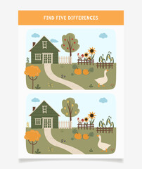 Find five differences, worksheet for kids game. Children educational riddle, vector quiz book page