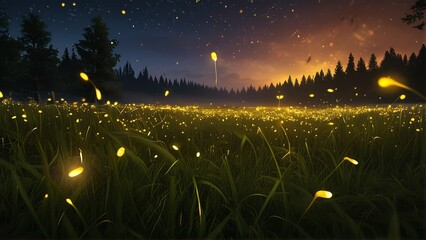 A serene night scene with glowing fireflies illuminating a lush green field, surrounded by tall trees under a starry sky.